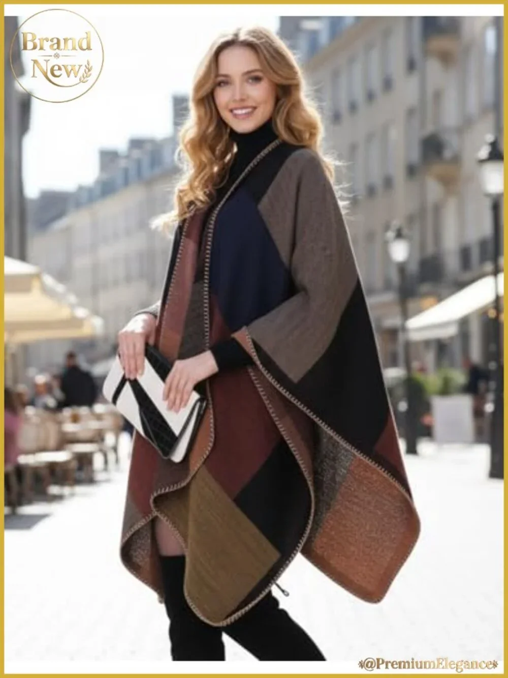 Reversible Plaid Poncho Wrap Open Front Cardigan Shawl Cape